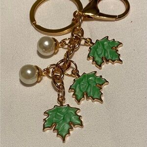Gold and Green Leaf Purse Charm with Pearls